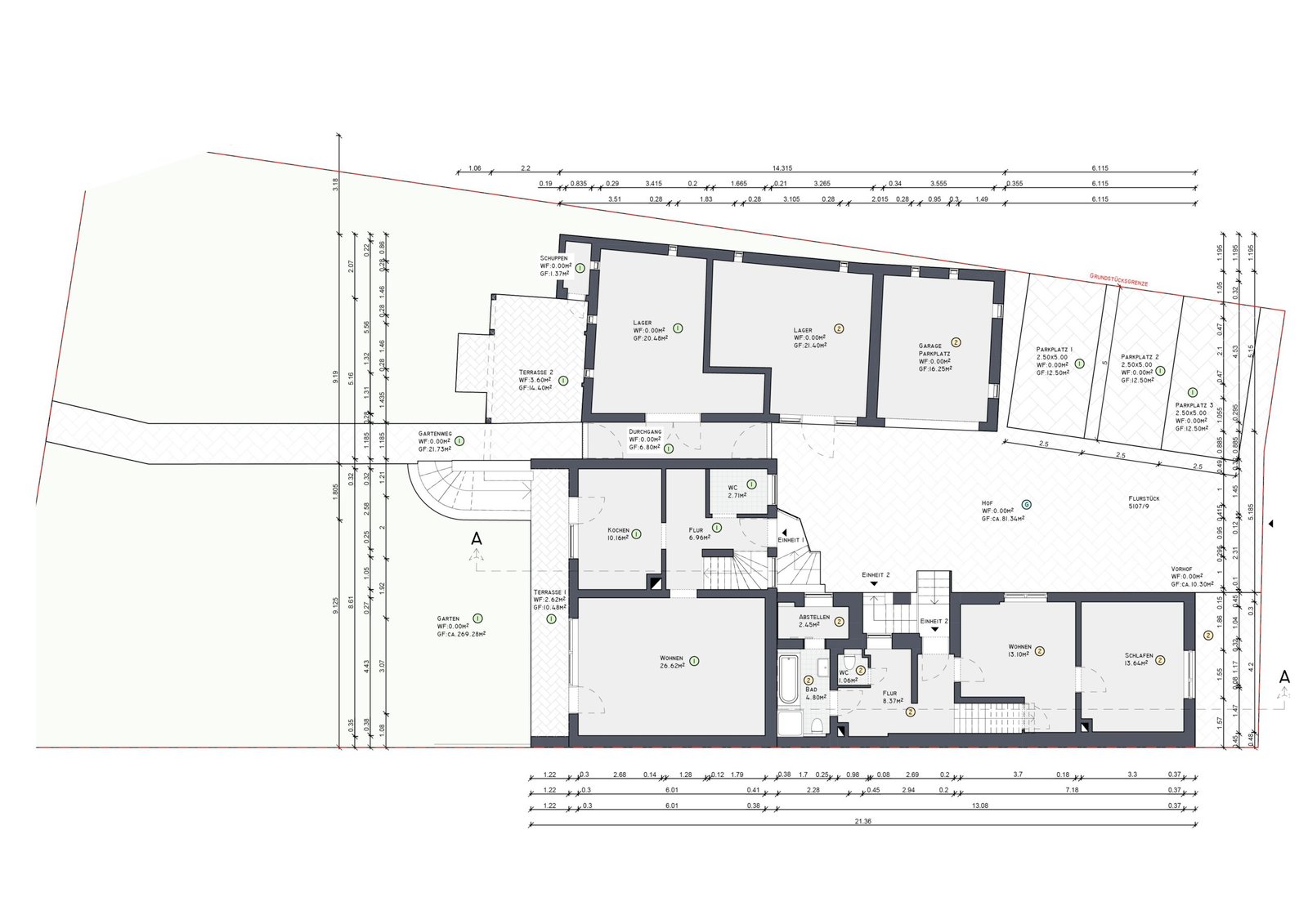 Aufteilungsplan mit Nebengebäude, Garage, Lager und Parkplätzen